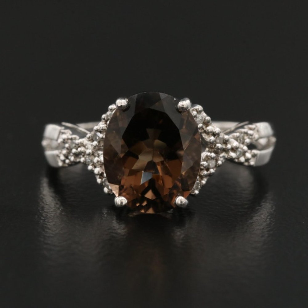Smoky Quartz and Diamond Vintage Silver Ring